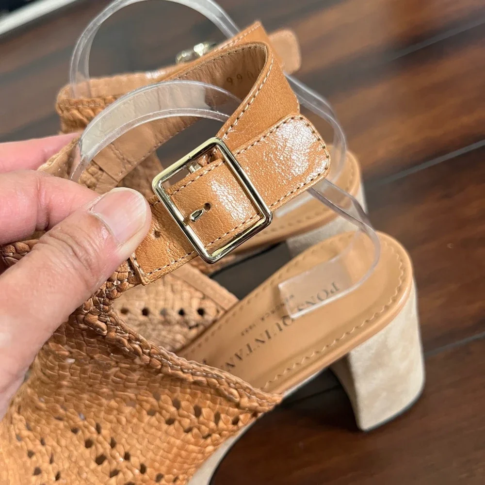 Pons Quintana Women Tan Woven Leather Chunky Platform Block Heel Sandals Size 40